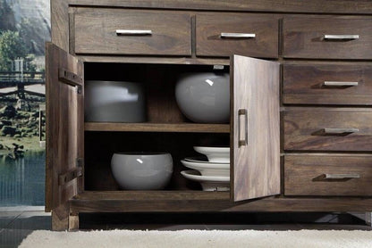 Sideboard with two doors and six drawers made of solid sheesham wood