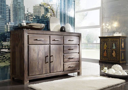 Sideboard with two doors and six drawers made of solid sheesham wood