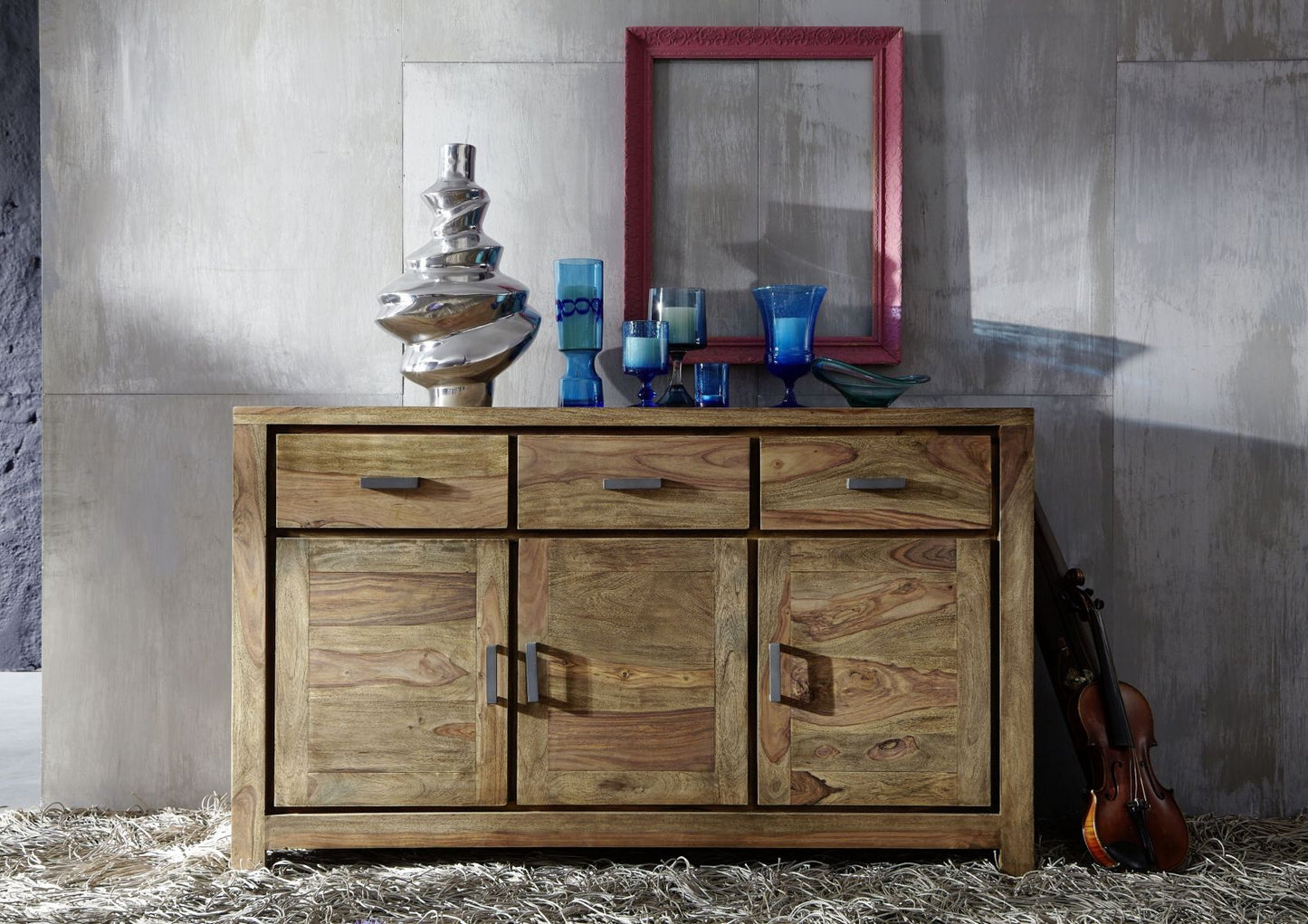 Sideboard with three doors and three drawers made of solid sheesham wood