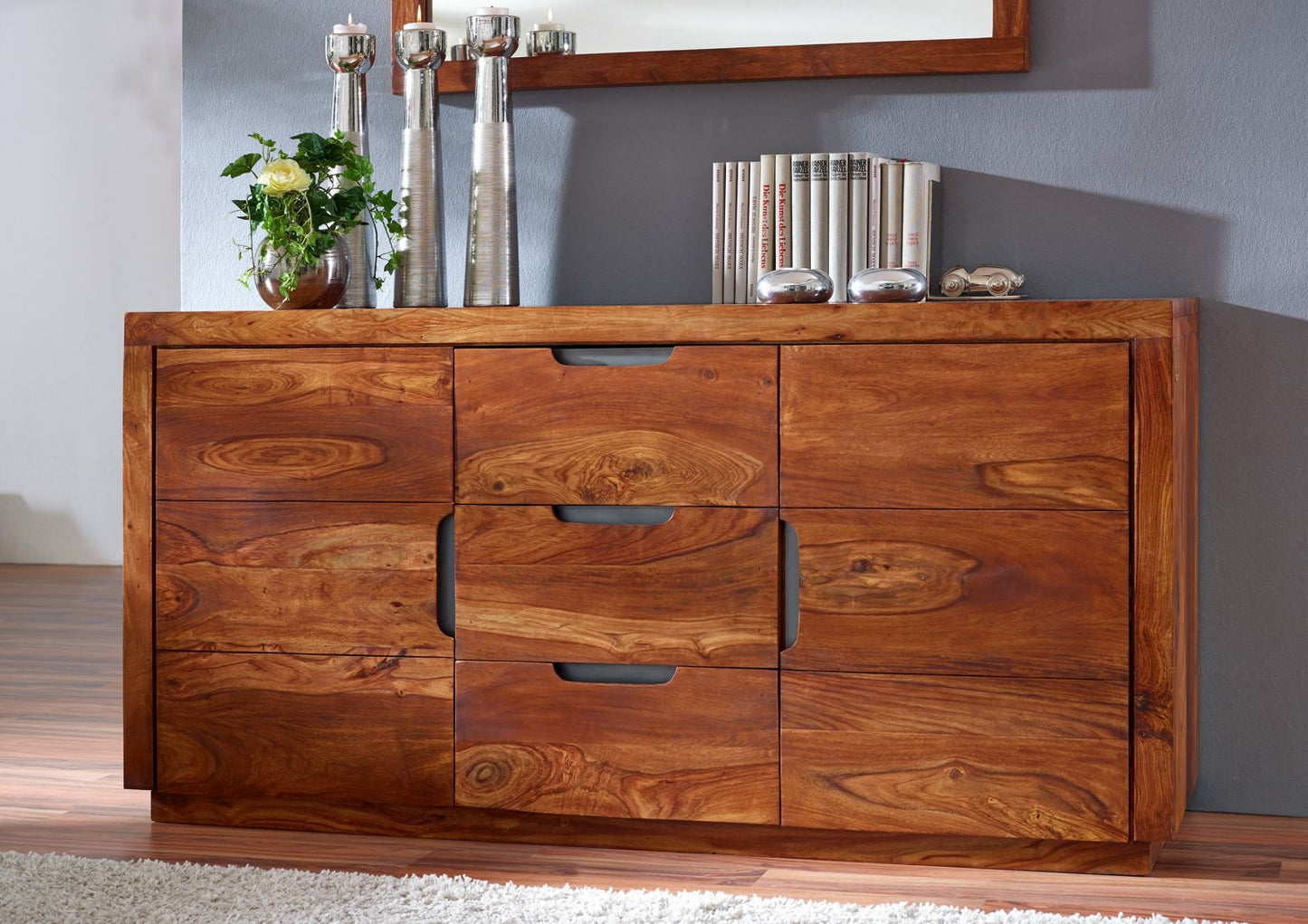 Sideboard with two doors and three drawers made of solid sheesham wood