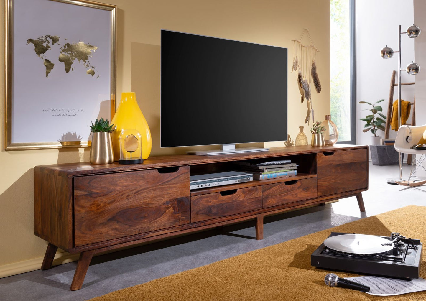 TV unit with two doors and two drawers made of solid sheesham wood