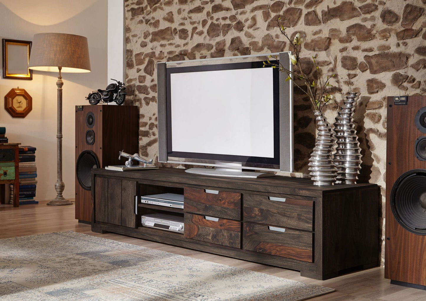TV unit with single door and four drawers made of solid sheesham wood