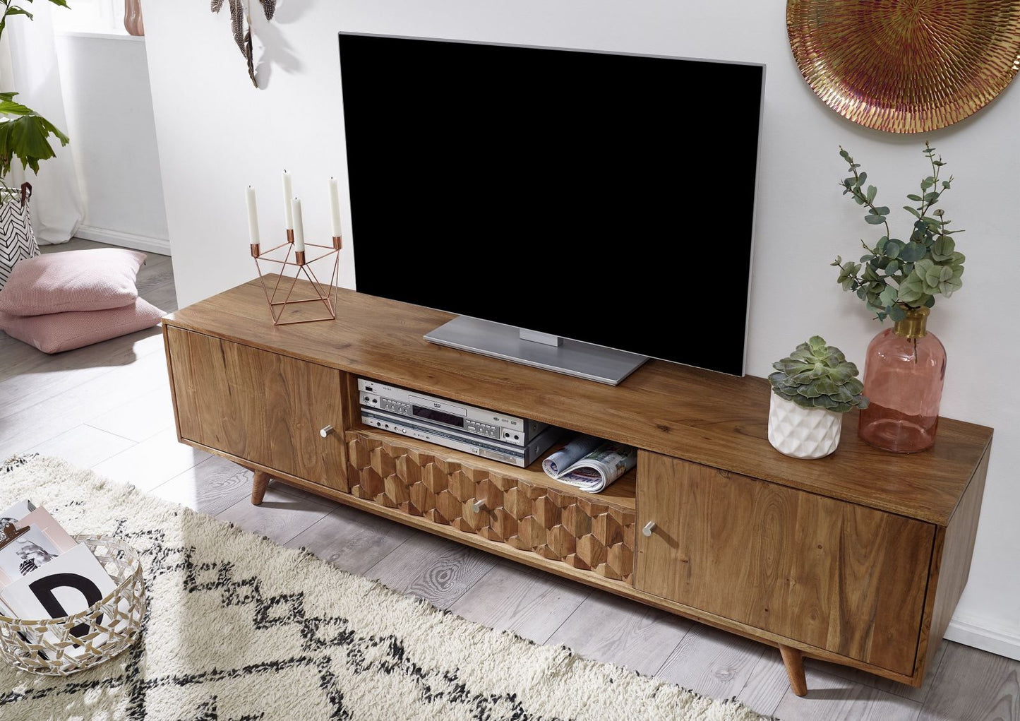 TV unit with two doors and two drawers made of solid acacia wood