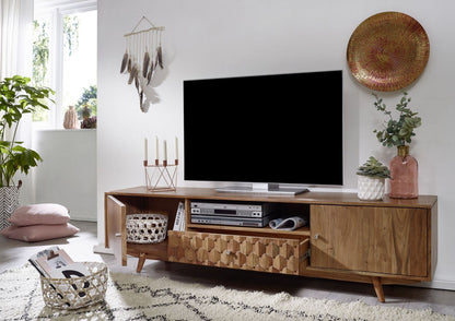 TV unit with two doors and two drawers made of solid acacia wood