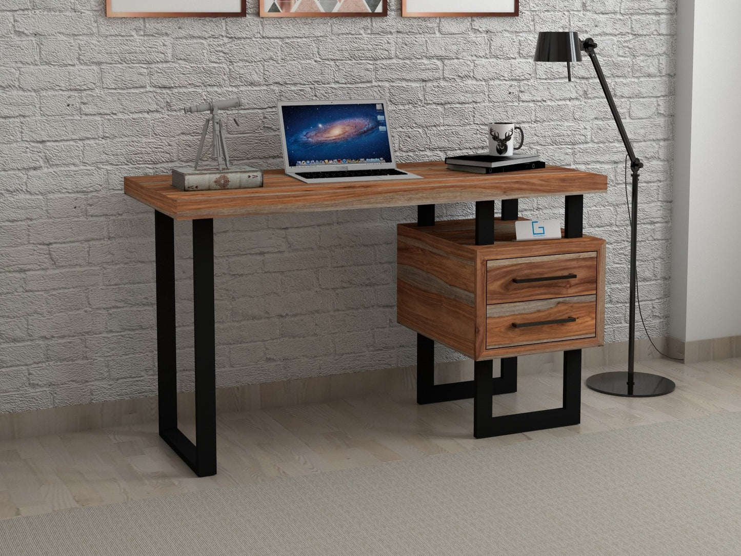 Desk with two drawers made of solid sheesham wood and iron