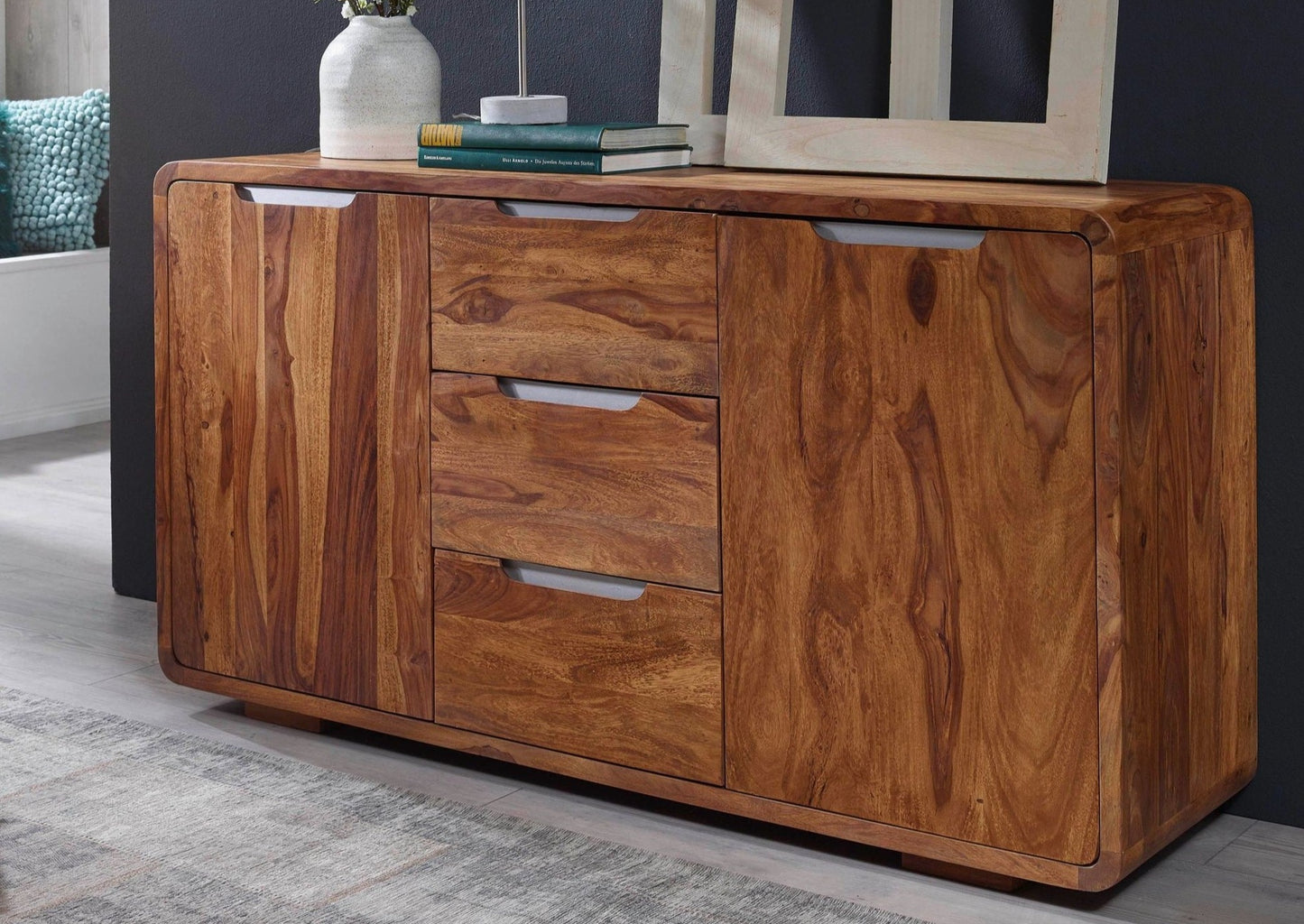Sideboard with two doors and three drawers made of solid sheesham wood