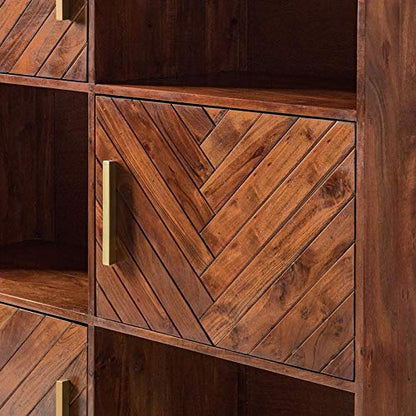 Bookshelf and cabinet with three doors made of solid acacia wood and iron