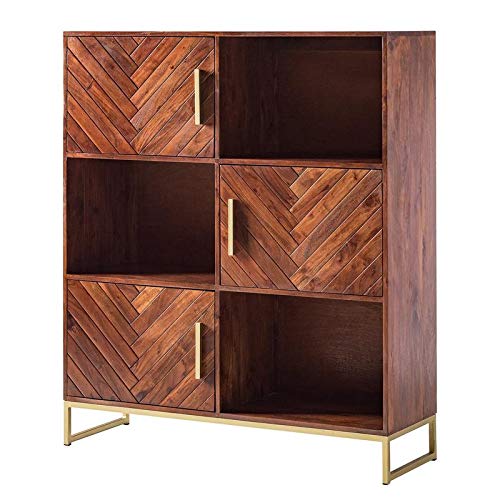 Bookshelf and cabinet with three doors made of solid acacia wood and iron
