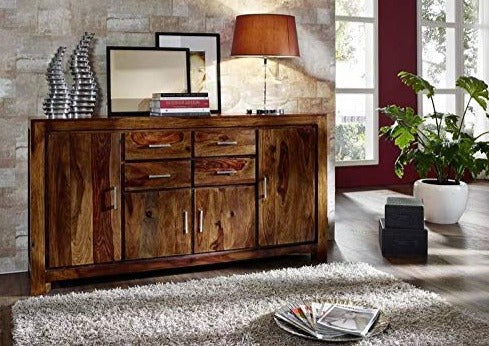 Sideboard with four doors and four drawers made of solid sheesham wood