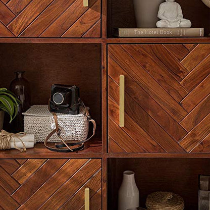 Bookshelf and cabinet with three doors made of solid acacia wood and iron