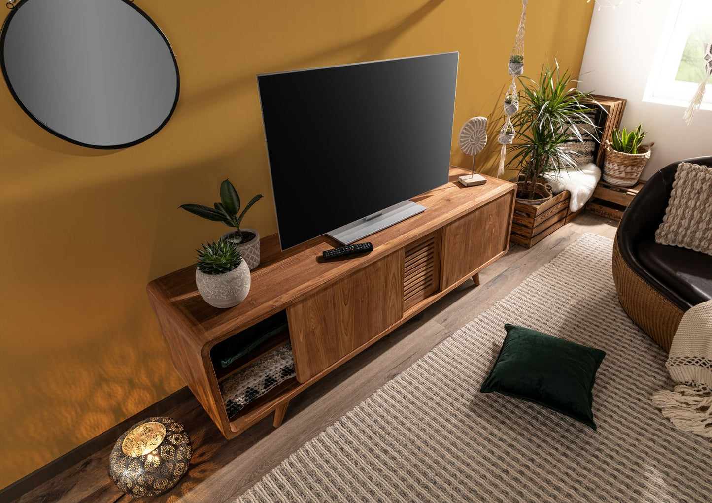 TV unit with three door made of solid acacia wood