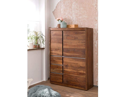 Wardrobe with three doors and three drawers made of solid sheesham wood
