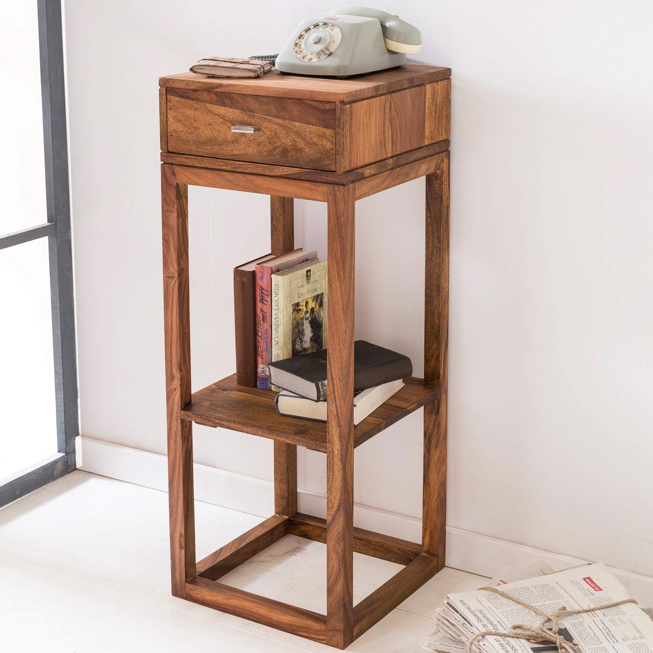 Side table (suitable as telephone table) with single drawer made of solid sheesham wood