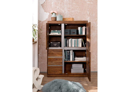 Wardrobe with three doors and three drawers made of solid sheesham wood