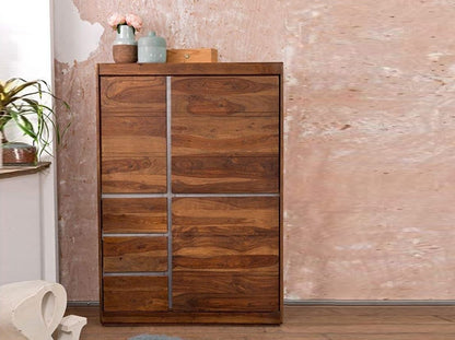 Wardrobe with three doors and three drawers made of solid sheesham wood