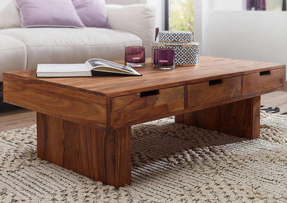 Coffee table with three drawers made of solid sheesham wood