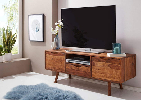 TV unit with two doors and single drawer made of solid sheesham wood