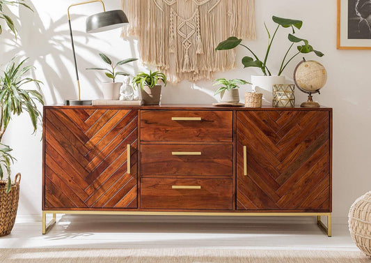 Sideboard with two doors and three drawers made of solid acacia wood