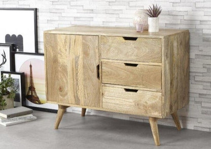 Sideboard with single door and three drawers made of solid mango wood