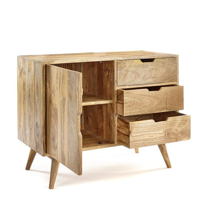 Sideboard with single door and three drawers made of solid mango wood