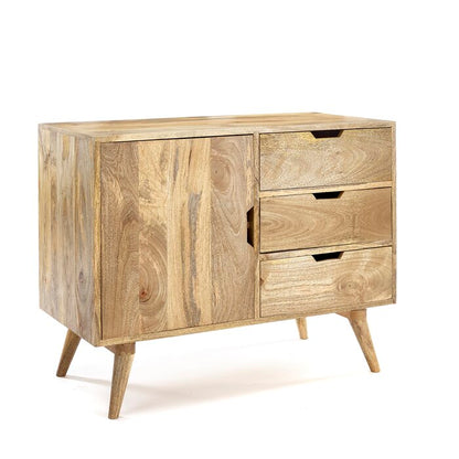 Sideboard with single door and three drawers made of solid mango wood