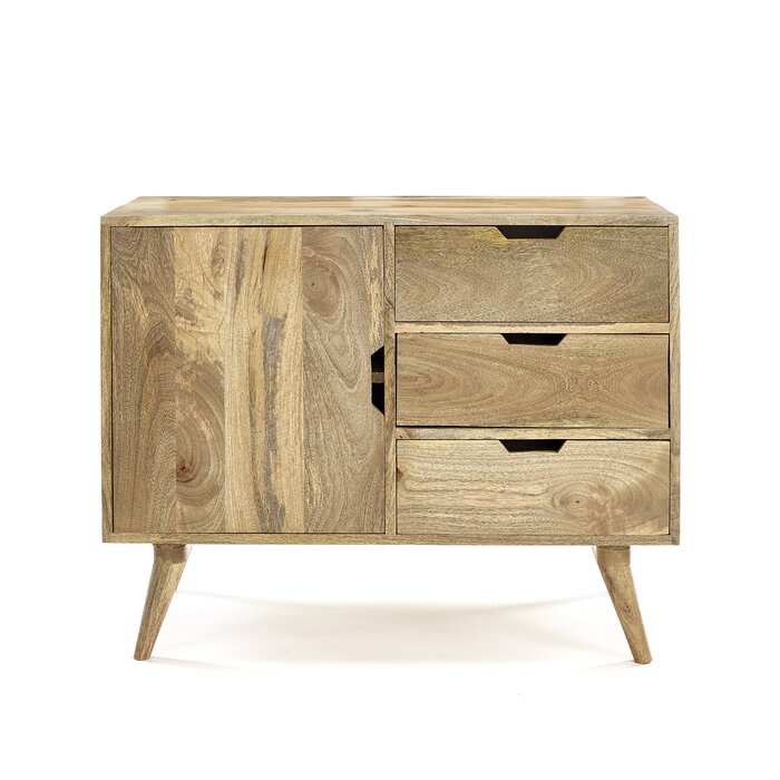 Sideboard with single door and three drawers made of solid mango wood