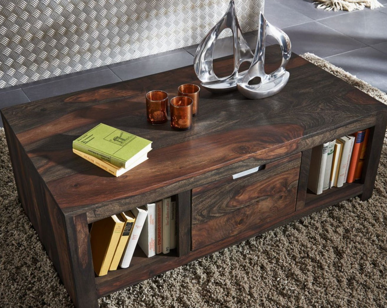 Coffee table with two drawers made of solid sheesham wood