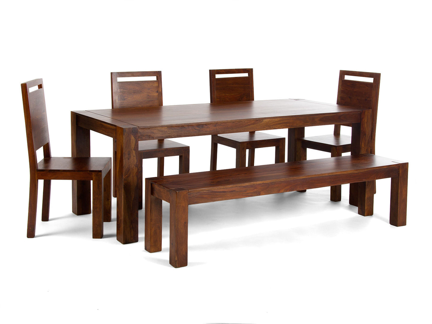 Six seater dining table with four chairs and bench made of solid sheesham wood
