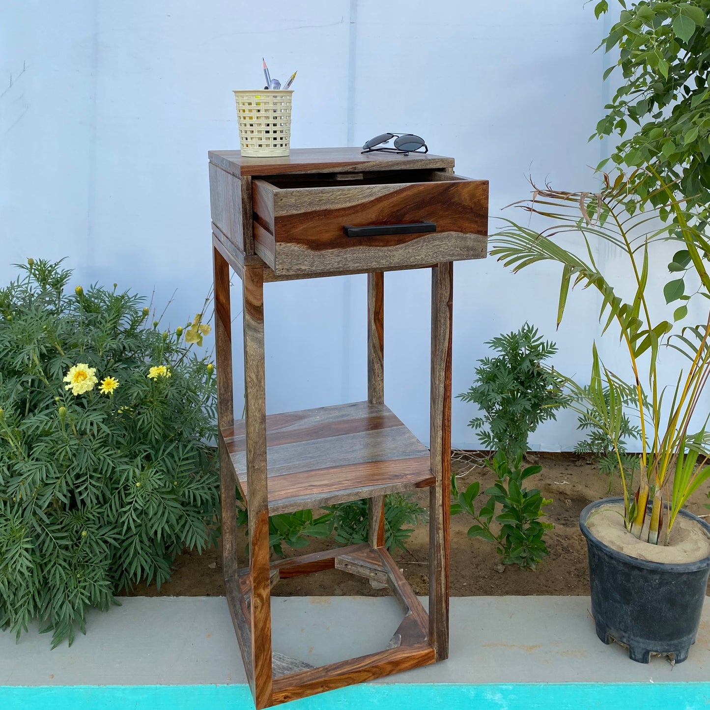 Side table with single drawer made of solid sheesham wood