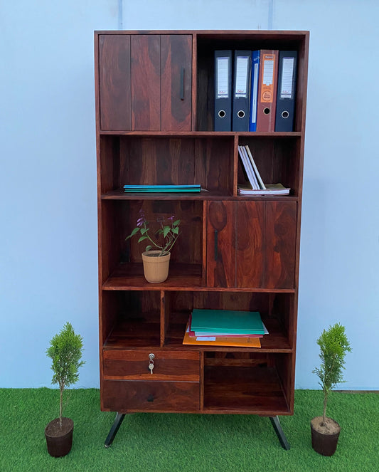 Bookshelf with two doors and two drawers made of solid sheesham wood