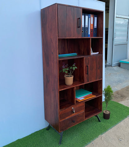 Bookshelf with two doors and two drawers made of solid sheesham wood