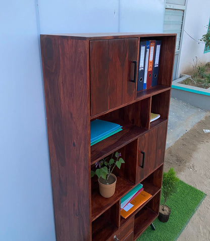 Bookshelf with two doors and two drawers made of solid sheesham wood