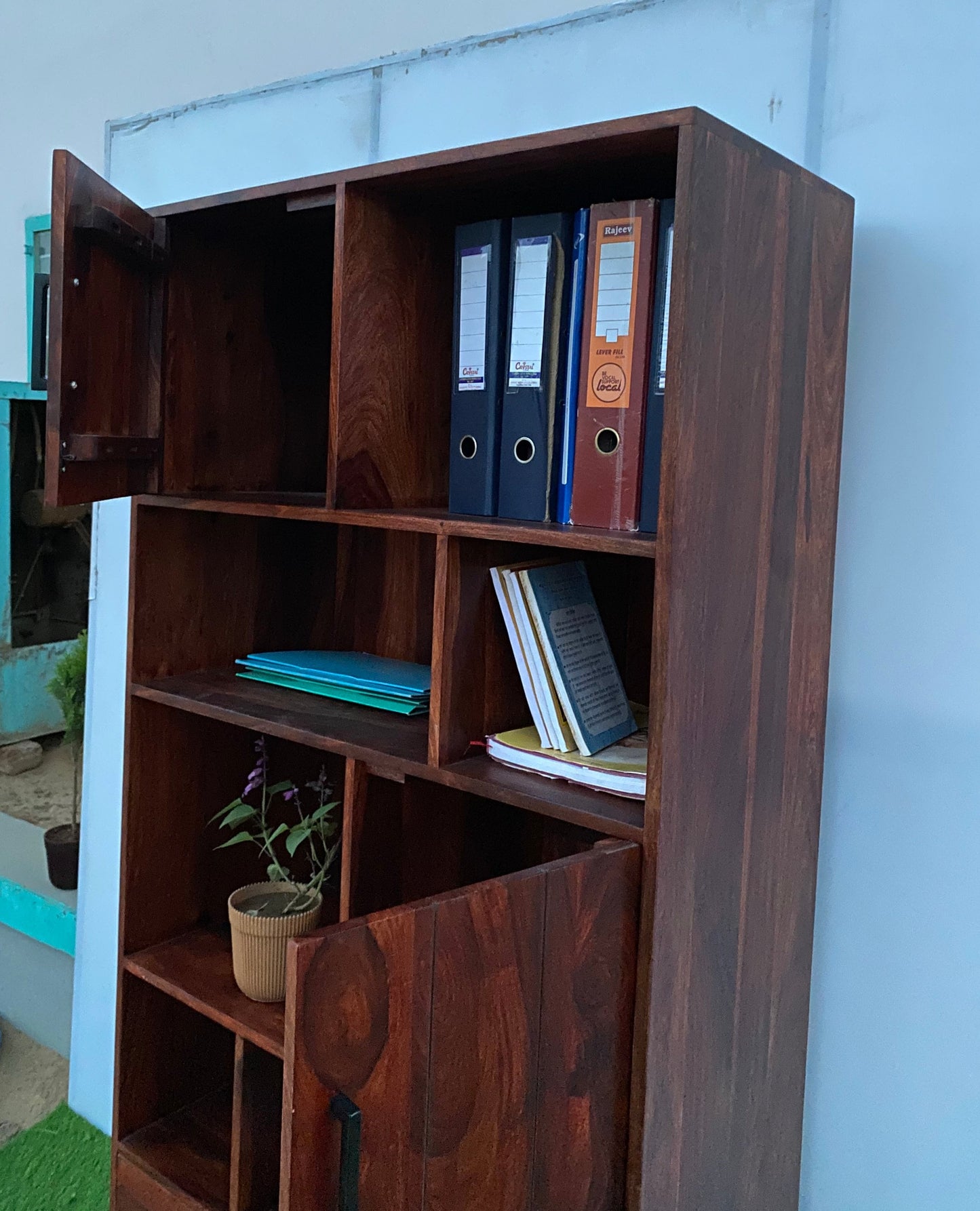 Bookshelf with two doors and two drawers made of solid sheesham wood