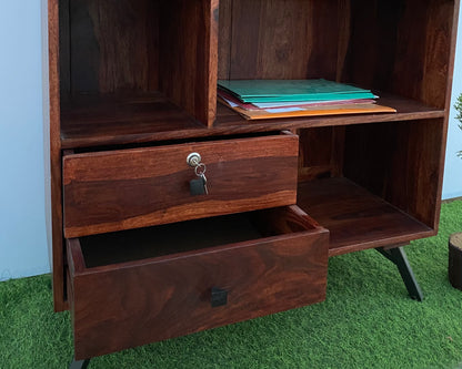 Bookshelf with two doors and two drawers made of solid sheesham wood