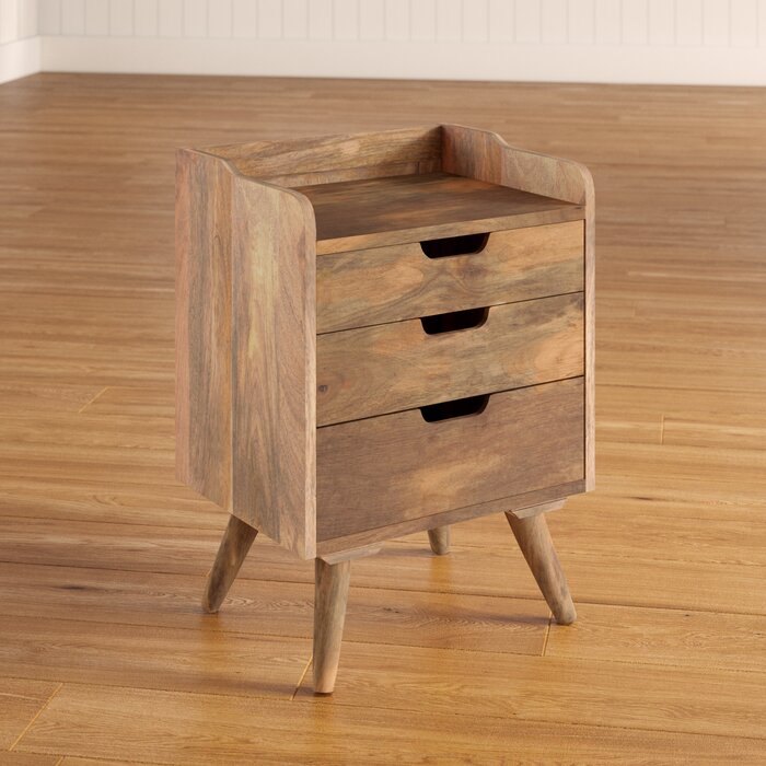 Bedside table with three drawers made of solid mango wood