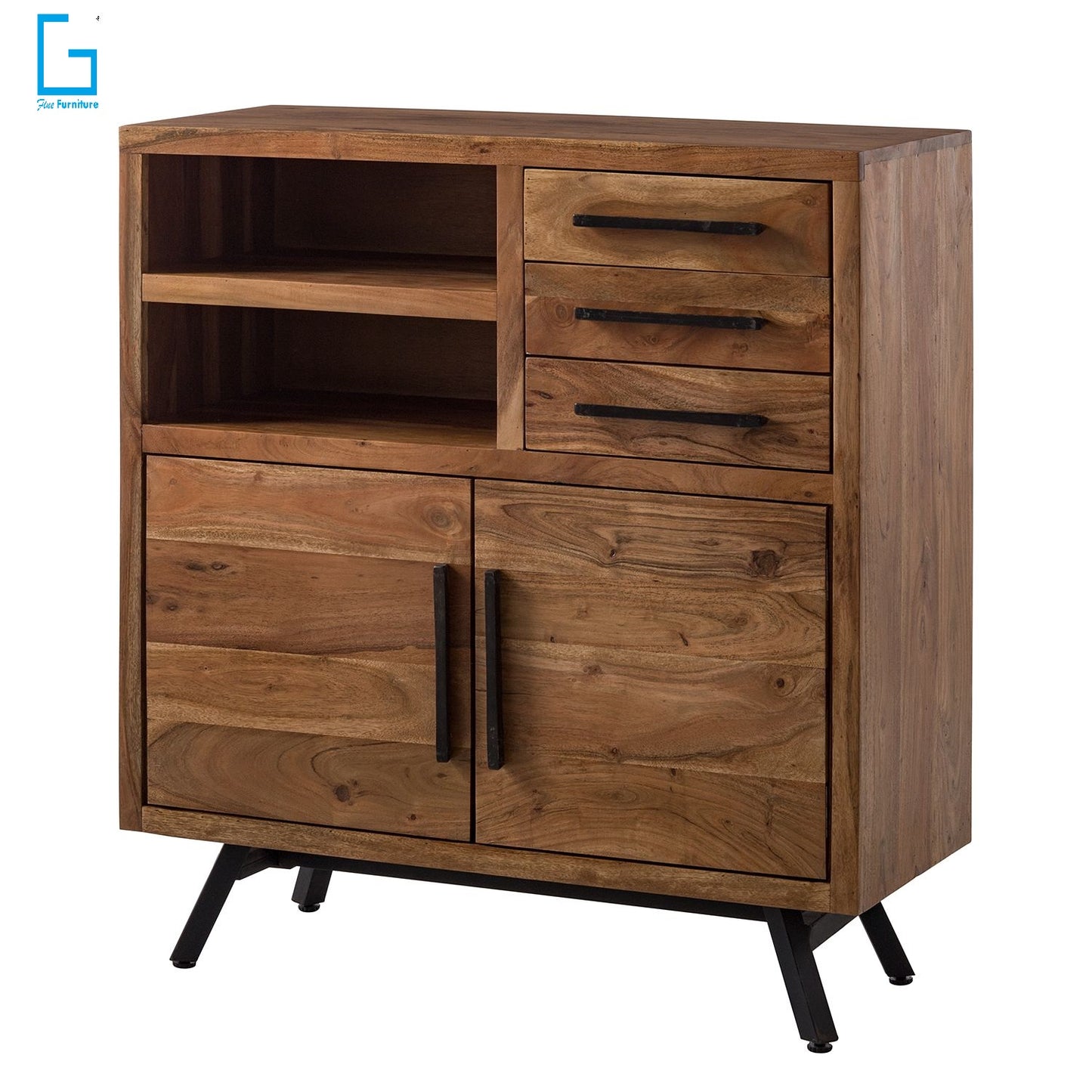 Sideboard with two doors and three drawers made of solid acacia wood and Iron