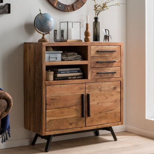 Sideboard with two doors and three drawers made of solid acacia wood and Iron