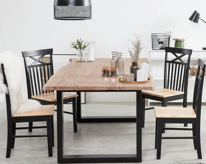 Six seater dining table made of solid acacia wood and iron